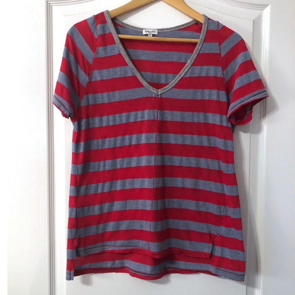 Splendid Striped V-Neck Shirt Size Small Red Gray